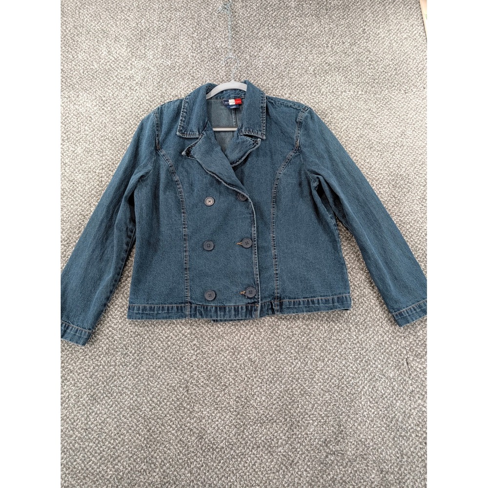 French Cuff Womens XL Denim Jacket Double Breasted Blazer Blue Cotton Vintage